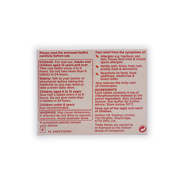 Piriton Hayfever and Allergy Tablets (Chlorphenamine) (4mg)